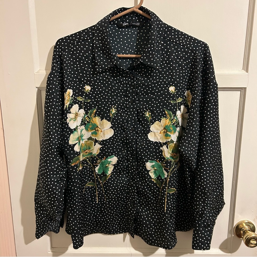 Zara Floral Polka Dot Button Up Blouse L
